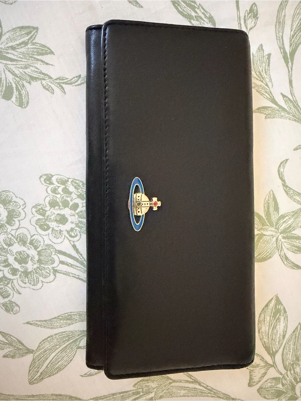 Vivienne Westwood Dark Blue Long Wallet with Blue Orb Accent and Chain